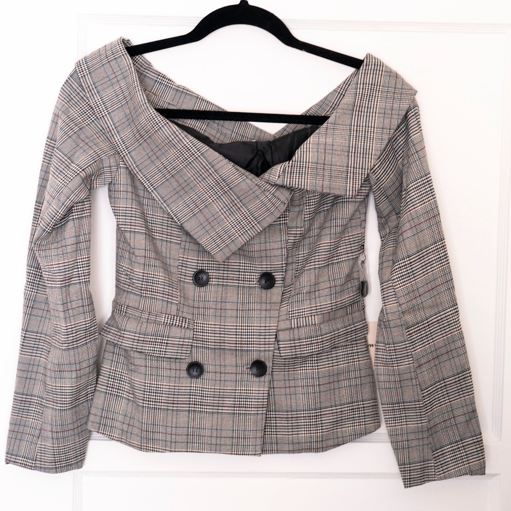 Superdown Revolve Plaid Off Shoulder Blazer Top